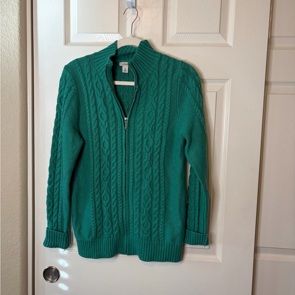 Women’s LL Bean Full Zip Cotton Green Cable Knit Sweater Fisherman Medium